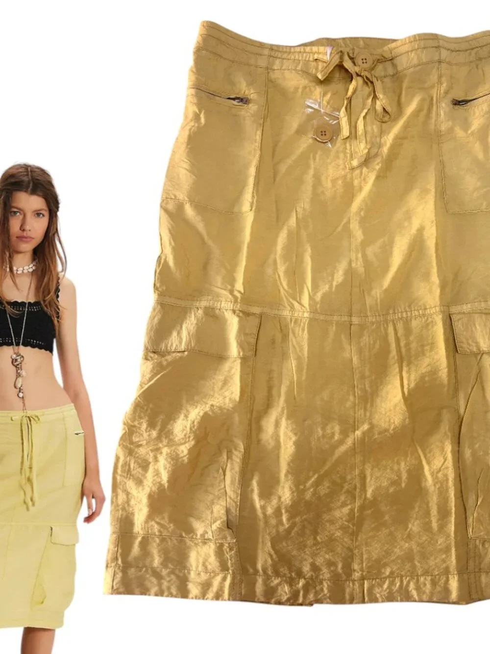 FREE PEOPLE YELLOW CARGO MIDI DRAWSTRING SKIRT SIZE 6 MEDIUM NEW‎